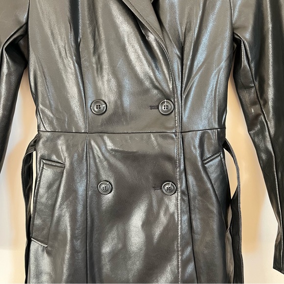 H&M Black Leather Double Breasted Belted Trench Coat Womens Size XS - Picture 5 of 10